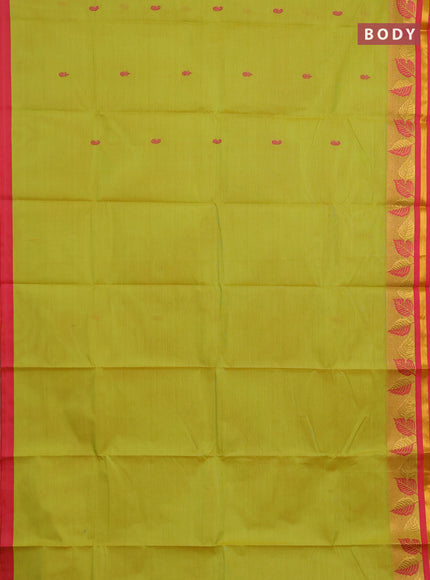 Chettinad cotton saree lime green and pink with allover thread woven buttas and thread & zari woven border