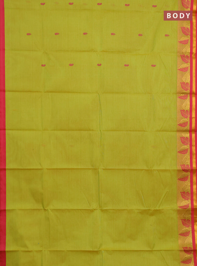Chettinad cotton saree lime green and pink with allover thread woven buttas and thread & zari woven border