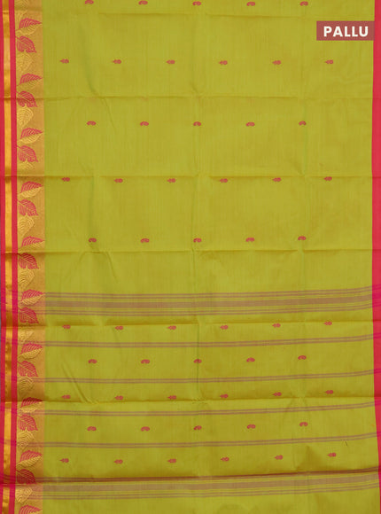 Chettinad cotton saree lime green and pink with allover thread woven buttas and thread & zari woven border