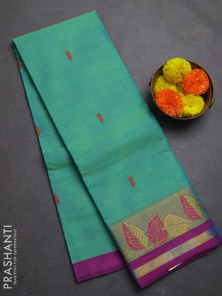 Chettinad cotton saree teal green and purple with thread woven buttas and thread & zari woven border