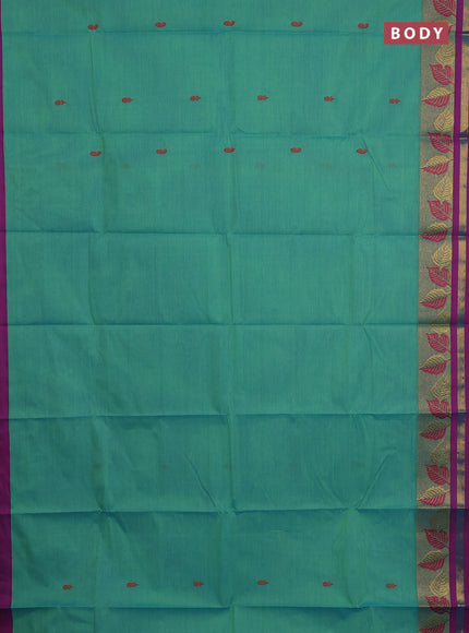 Chettinad cotton saree teal green and purple with thread woven buttas and thread & zari woven border