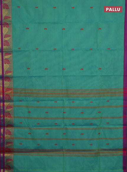 Chettinad cotton saree teal green and purple with thread woven buttas and thread & zari woven border