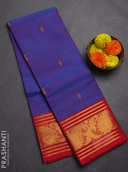 Chettinad cotton saree blue and red with thread woven buttas and zari woven border