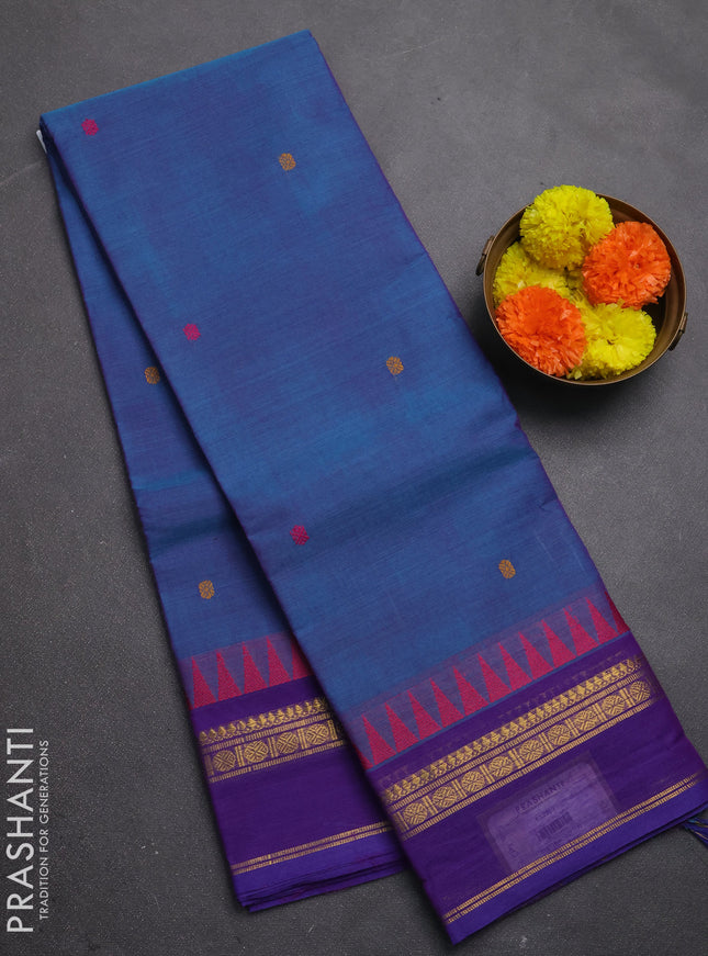Chettinad cotton saree dual shade of blue and purple with plain body and temple design zari woven border