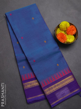Chettinad cotton saree dual shade of blue and purple with plain body and temple design zari woven border