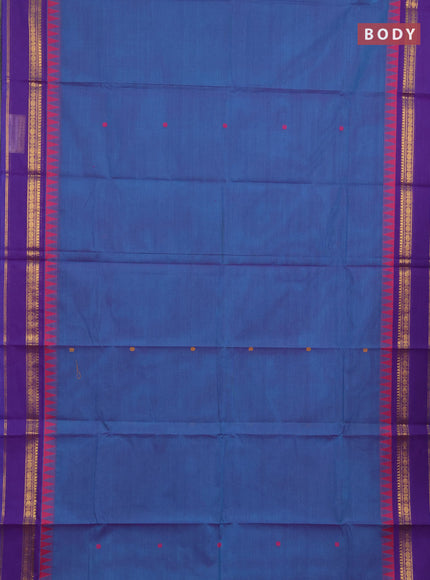 Chettinad cotton saree dual shade of blue and purple with plain body and temple design zari woven border