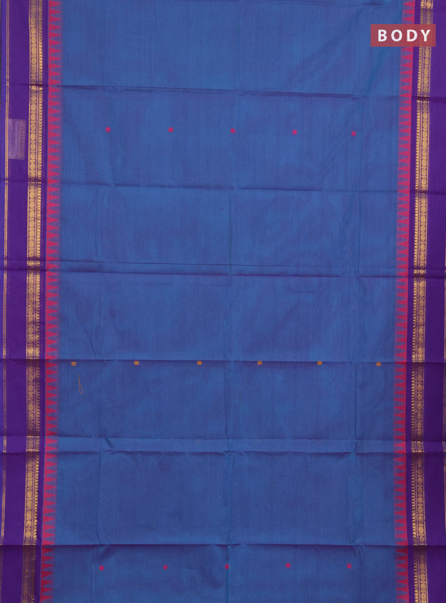 Chettinad cotton saree dual shade of blue and purple with plain body and temple design zari woven border