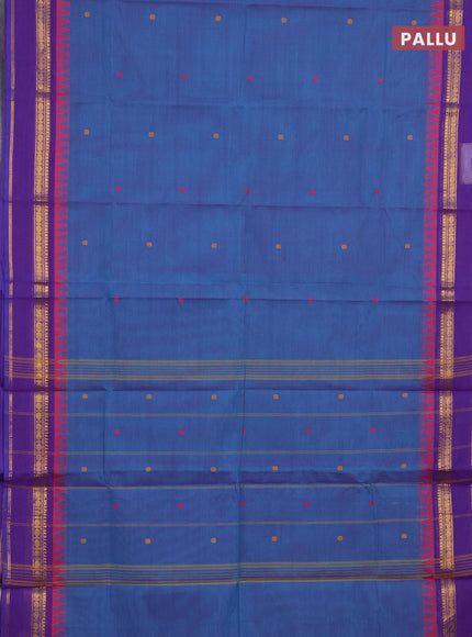 Chettinad cotton saree dual shade of blue and purple with plain body and temple design zari woven border