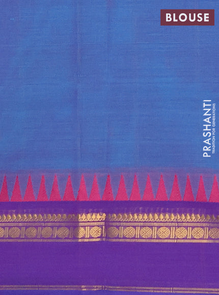 Chettinad cotton saree dual shade of blue and purple with plain body and temple design zari woven border