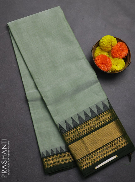 Chettinad cotton saree pastel green and olive green with plain body and temple design zari woven border