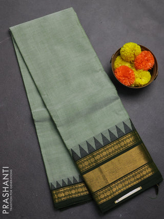 Chettinad cotton saree pastel green and olive green with plain body and temple design zari woven border