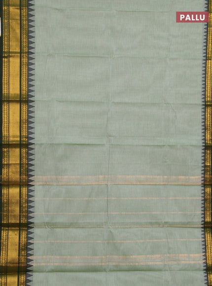 Chettinad cotton saree pastel green and olive green with plain body and temple design zari woven border