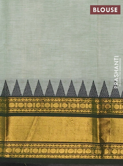 Chettinad cotton saree pastel green and olive green with plain body and temple design zari woven border