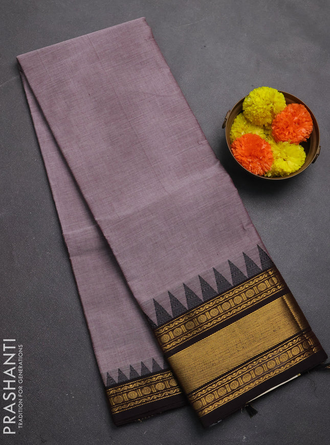 Chettinad cotton saree grey shade and coffee brown with plain body and temple design zari woven border