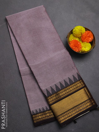 Chettinad cotton saree grey shade and coffee brown with plain body and temple design zari woven border