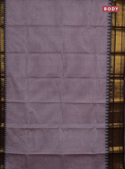 Chettinad cotton saree grey shade and coffee brown with plain body and temple design zari woven border