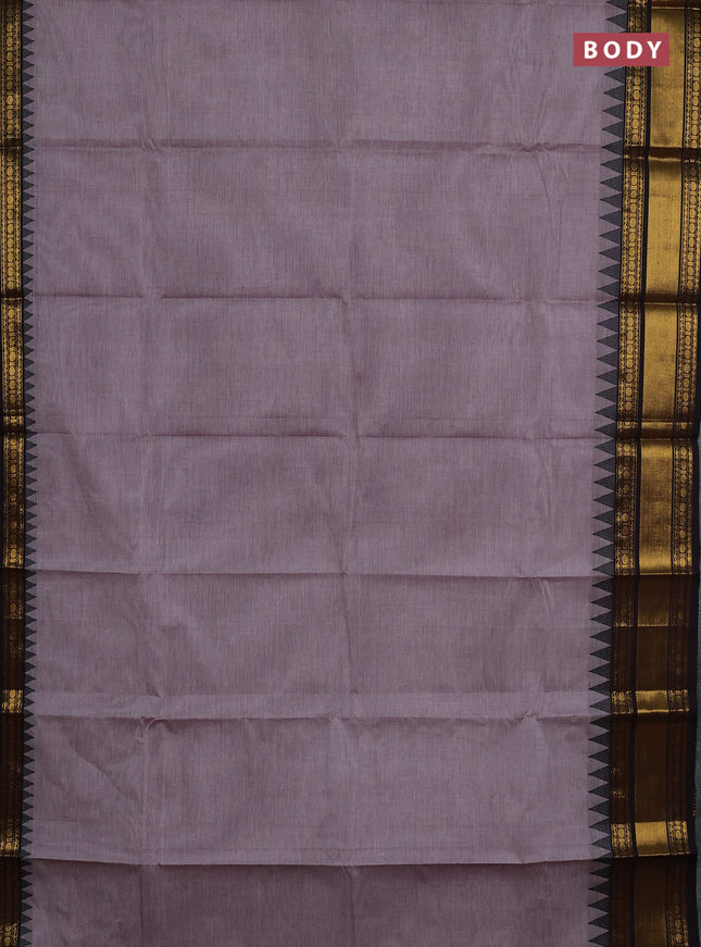 Chettinad cotton saree grey shade and coffee brown with plain body and temple design zari woven border