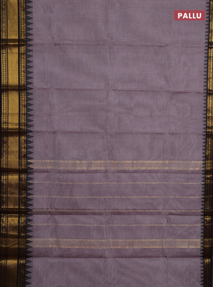 Chettinad cotton saree grey shade and coffee brown with plain body and temple design zari woven border