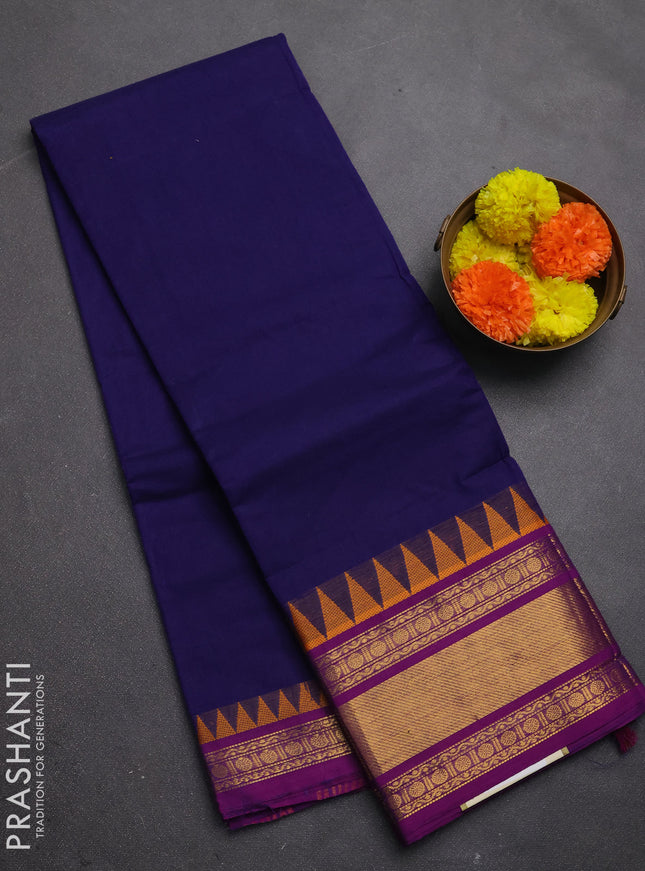 Chettinad cotton saree navy blue and purple with plain body and temple design zari woven border