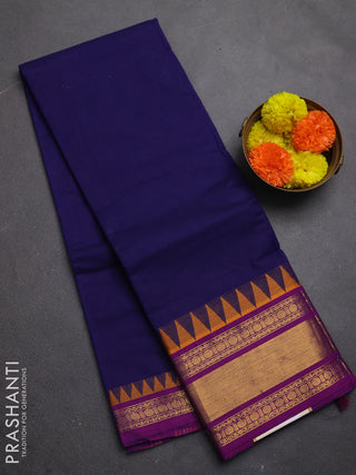 Chettinad cotton saree navy blue and purple with plain body and temple design zari woven border