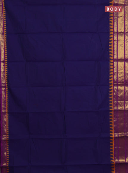 Chettinad cotton saree navy blue and purple with plain body and temple design zari woven border
