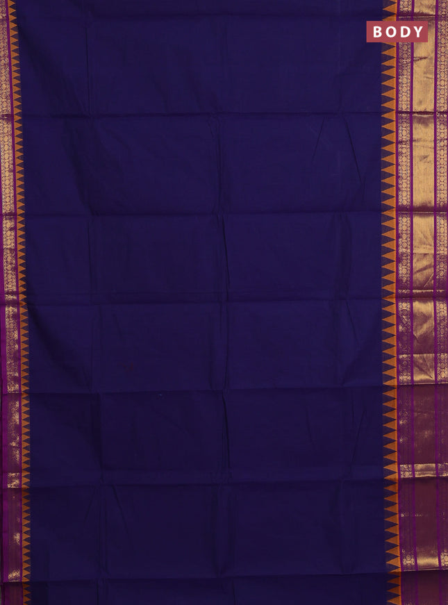 Chettinad cotton saree navy blue and purple with plain body and temple design zari woven border