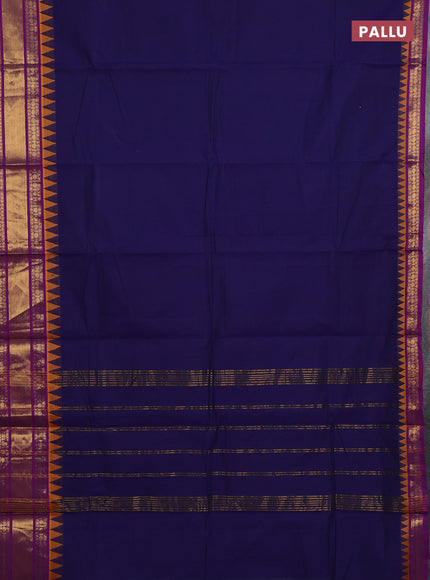Chettinad cotton saree navy blue and purple with plain body and temple design zari woven border