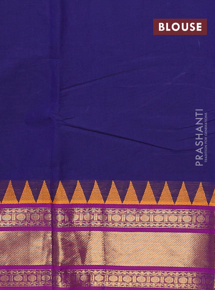 Chettinad cotton saree navy blue and purple with plain body and temple design zari woven border