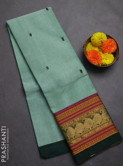 Chettinad cotton saree green and bottle green with thread woven buttas and long thread & zari woven border