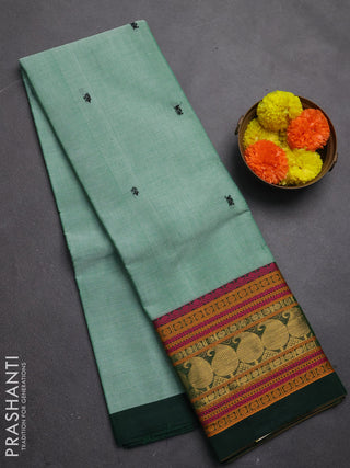 Chettinad cotton saree green and bottle green with thread woven buttas and long thread & zari woven border