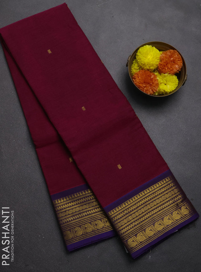 Chettinad cotton saree magenta pink and violet with zari woven buttas and zari woven border
