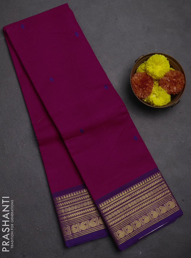 Chettinad cotton saree magenta pink and purple with thread woven buttas and zari woven border