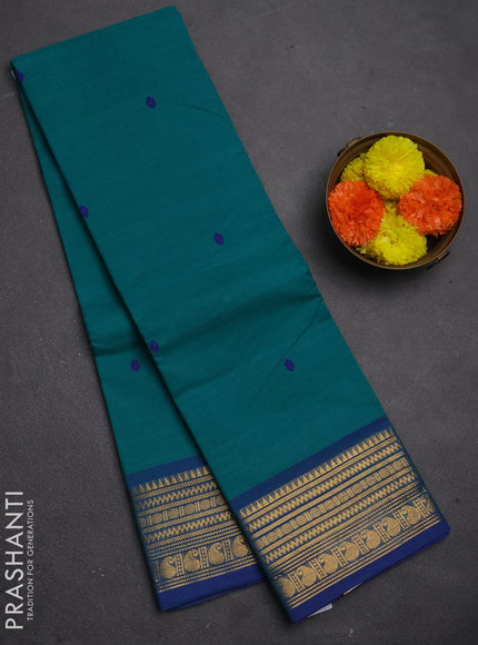 Chettinad cotton saree teal green and blue with thread woven buttas and zari woven border