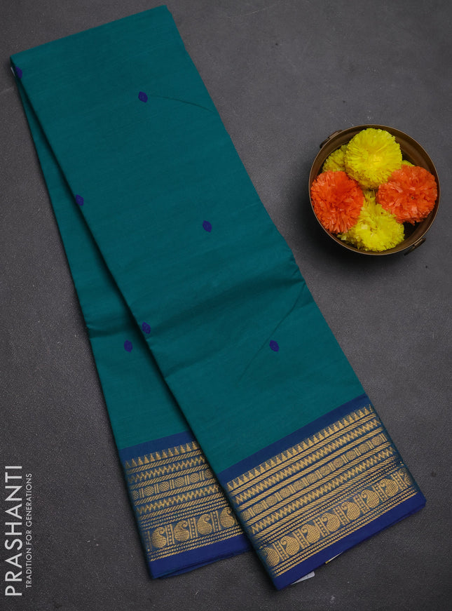 Chettinad cotton saree teal green and blue with thread woven buttas and zari woven border