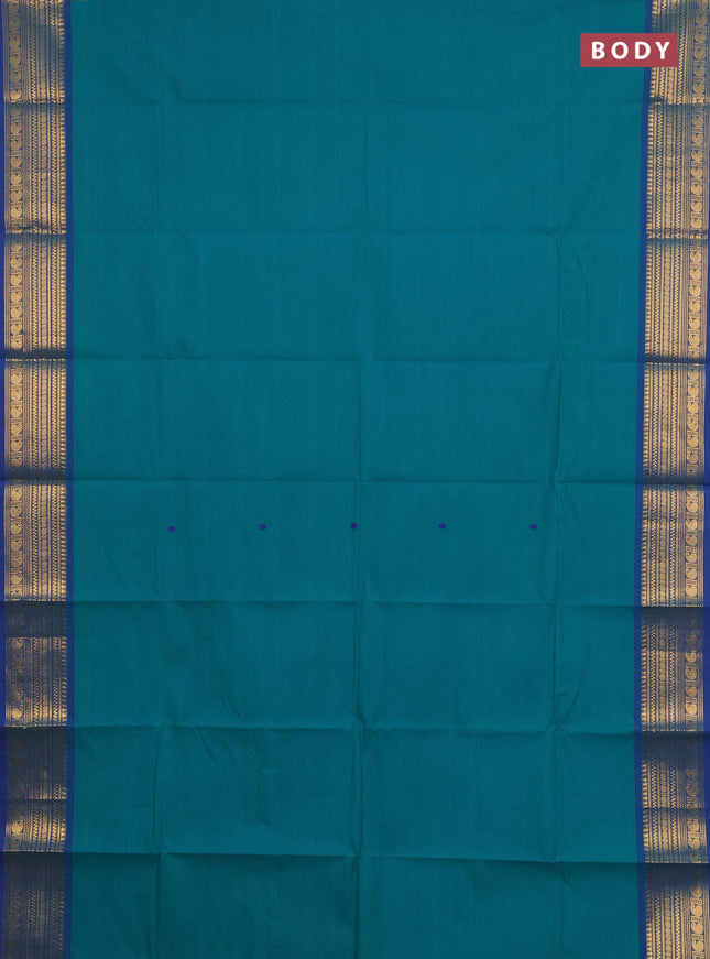 Chettinad cotton saree teal green and blue with thread woven buttas and zari woven border