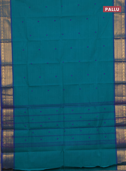 Chettinad cotton saree teal green and blue with thread woven buttas and zari woven border