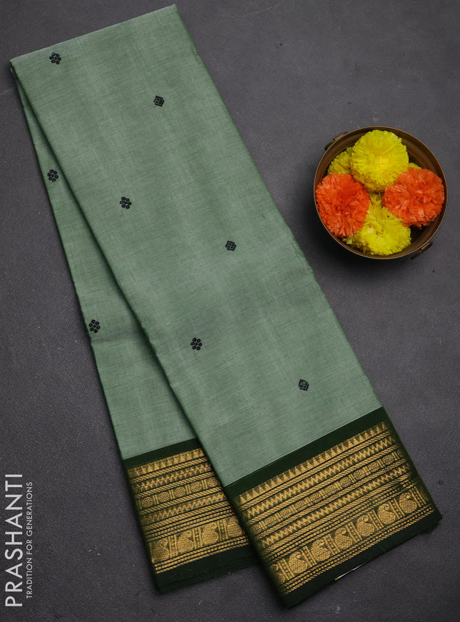 Chettinad cotton saree elaichi green and bottle green with thread woven buttas and zari woven border