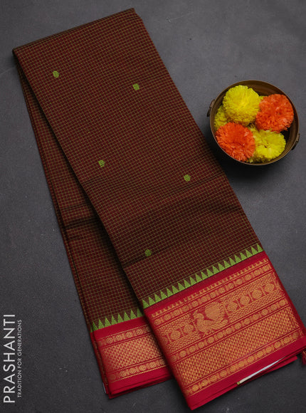 Chettinad cotton saree deep maroon and pink with allover small checks & buttas and zari woven border