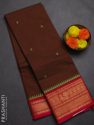 Chettinad cotton saree deep maroon and pink with allover small checks & buttas and zari woven border