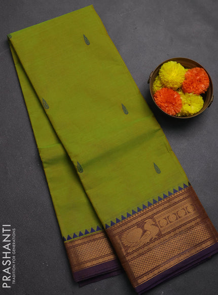Chettinad cotton saree lime green and blue with thread woven buttas and zari woven border