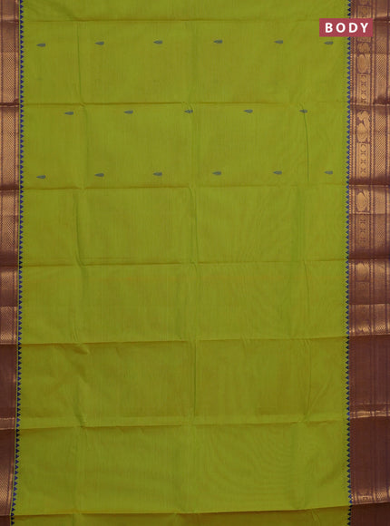 Chettinad cotton saree lime green and blue with thread woven buttas and zari woven border