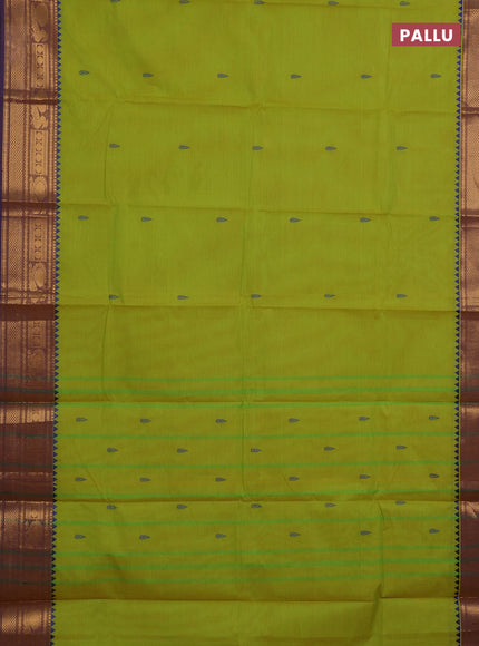 Chettinad cotton saree lime green and blue with thread woven buttas and zari woven border