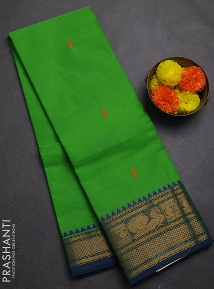 Chettinad cotton saree parrot green and blue with thread woven buttas and zari woven border
