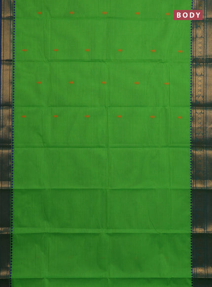 Chettinad cotton saree parrot green and blue with thread woven buttas and zari woven border