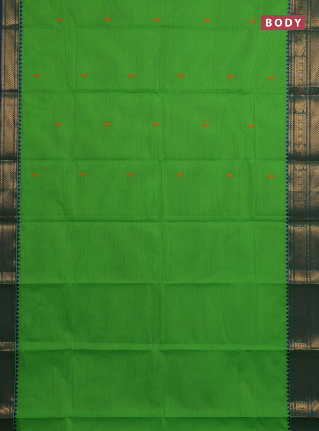 Chettinad cotton saree parrot green and blue with thread woven buttas and zari woven border