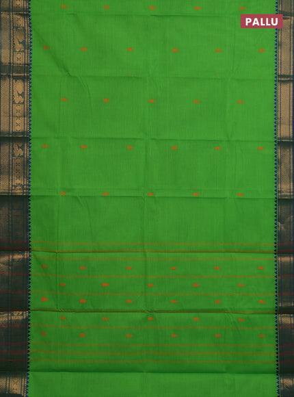 Chettinad cotton saree parrot green and blue with thread woven buttas and zari woven border