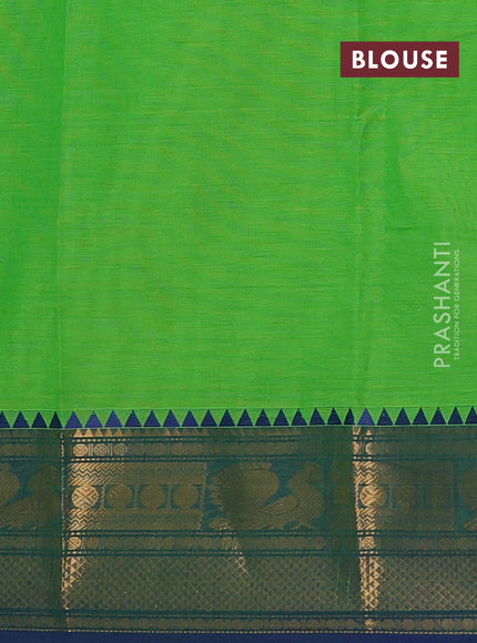 Chettinad cotton saree parrot green and blue with thread woven buttas and zari woven border