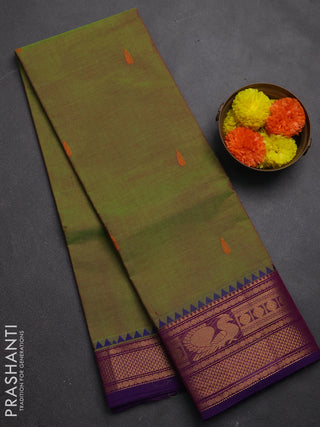 Chettinad cotton saree dual shade og pinkish green and purple with thread woven buttas and zari woven border