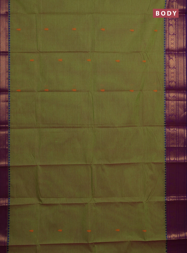 Chettinad cotton saree dual shade og pinkish green and purple with thread woven buttas and zari woven border