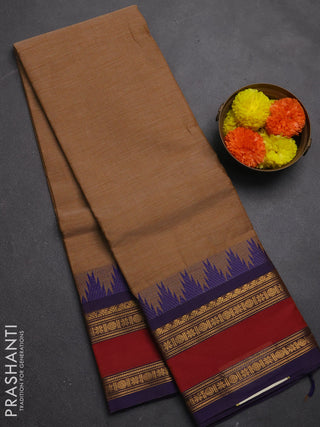 Chettinad cotton saree mustard yellow and blue with allover thread stripe pattern and long rettapet zari woven border